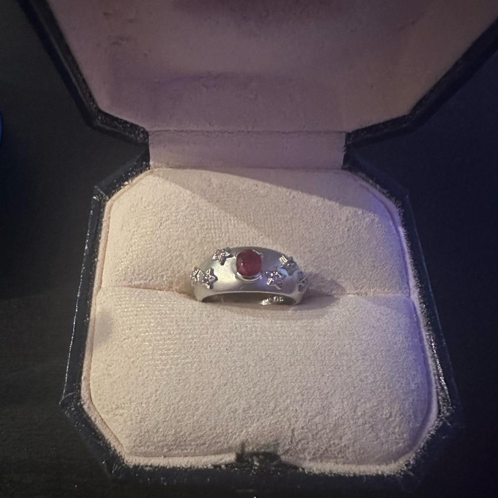 14k white gold ring with ruby and diamond star details-5.4 grams, size 4.75